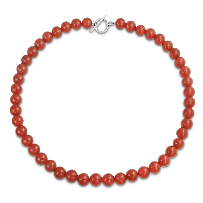 women's necklaces with diamond accents -Plain Red Carnelian 10MM Bead Strand Necklace with Silver Plated Clasp