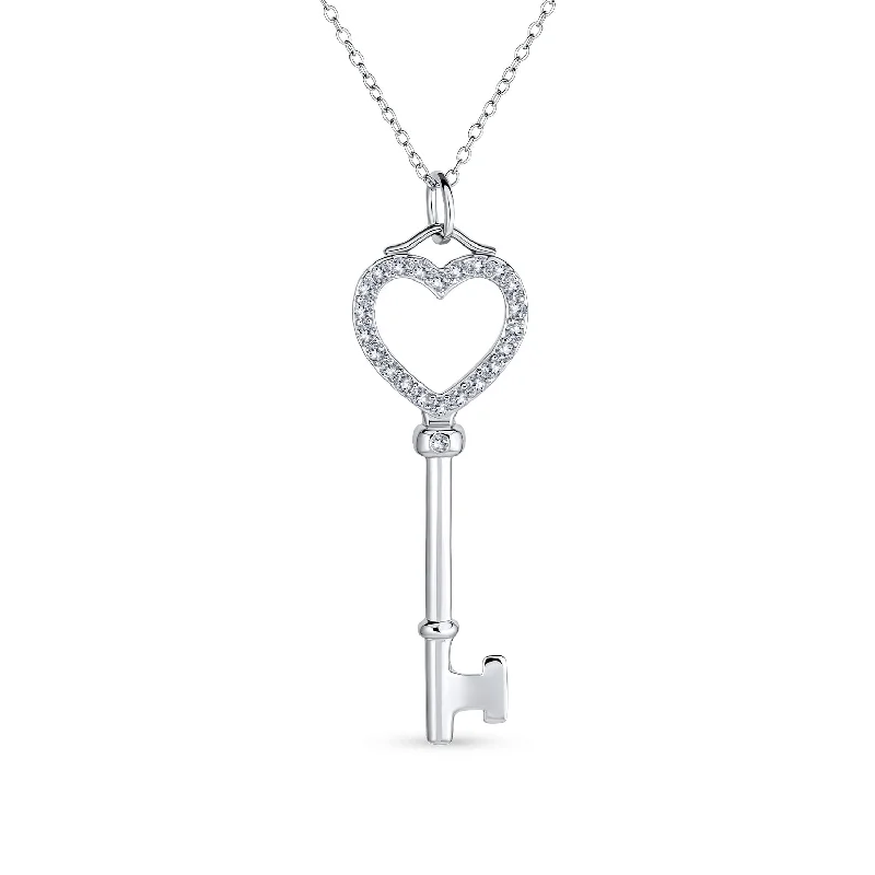 women's necklaces with two-tone design -Sterling Silver Open Heart Key Pendant Necklace with Pave Cubic Zirconia