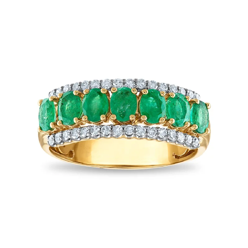 women's engagement rings with twisted band -LoveSong 4X3MM Oval Emerald and Diamond Anniversary Ring in 10KT Yellow Gold