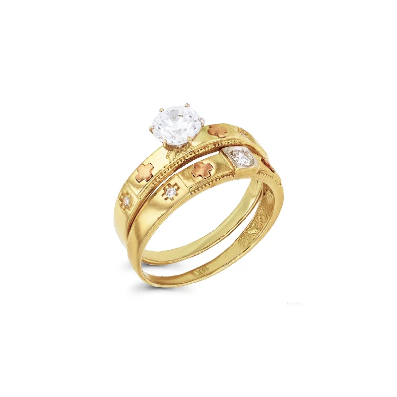 women's rings with stacked rings -Tricolor Cross Two-Piece Set Ring (14K)