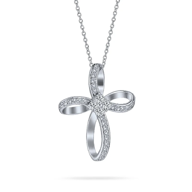 women's necklaces with gold-plated finish -Ribbon Twist Infinity Cross Pendant Necklace CZ Sterling Silver for Teens