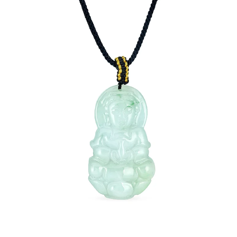 women's necklaces with diamond bezel -Yogi Protection Amulet Green Jade Buddha Pendant Necklace Black Cord 16-24 Inch