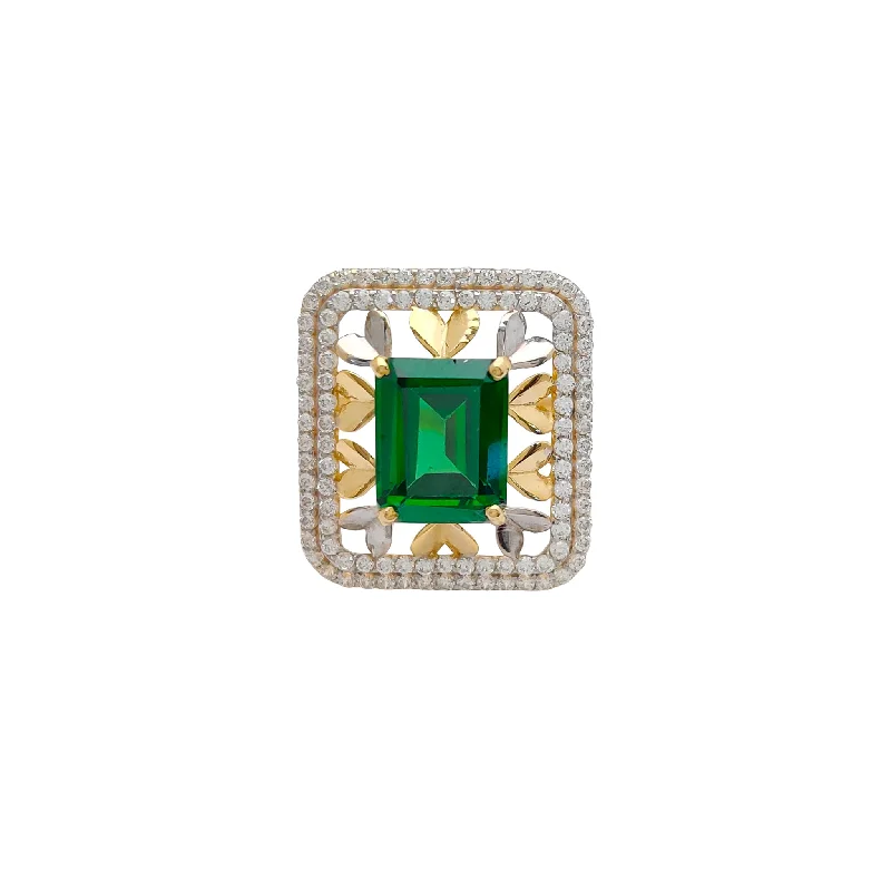 women's rings with retro style -Emerald-Cut Green Stone Heart Border Cocktail Ring (14K)