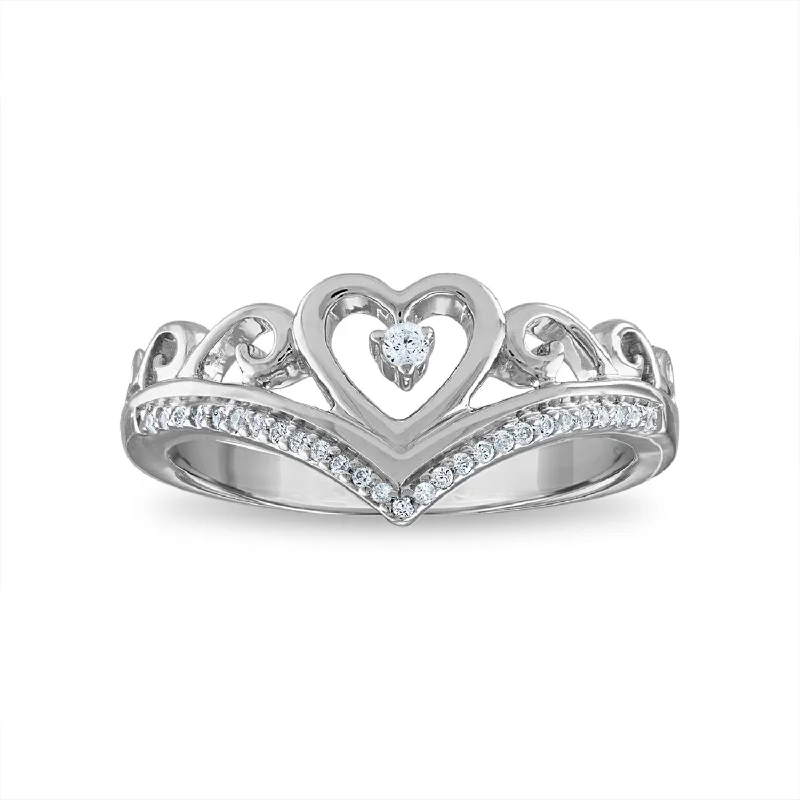 women's engagement rings with minimalist design -1/10 CTW Diamond Heart Tiara Crown Ring in Rhodium Plated Sterling Silver