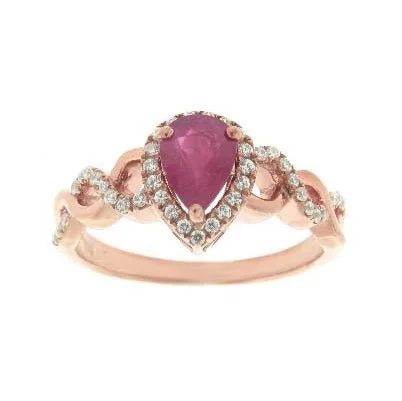 women's engagement rings with bold gemstone -Color Sensations 7X5MM Pear Ruby and Diamond Gem Stone Halo Twist Ring in 10KT Rose Gold