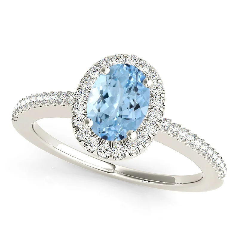 women's engagement rings with unique band design -1.00 ct. Genuine Oval Aquamarine Ring With Halo and Delicate Diamond Band