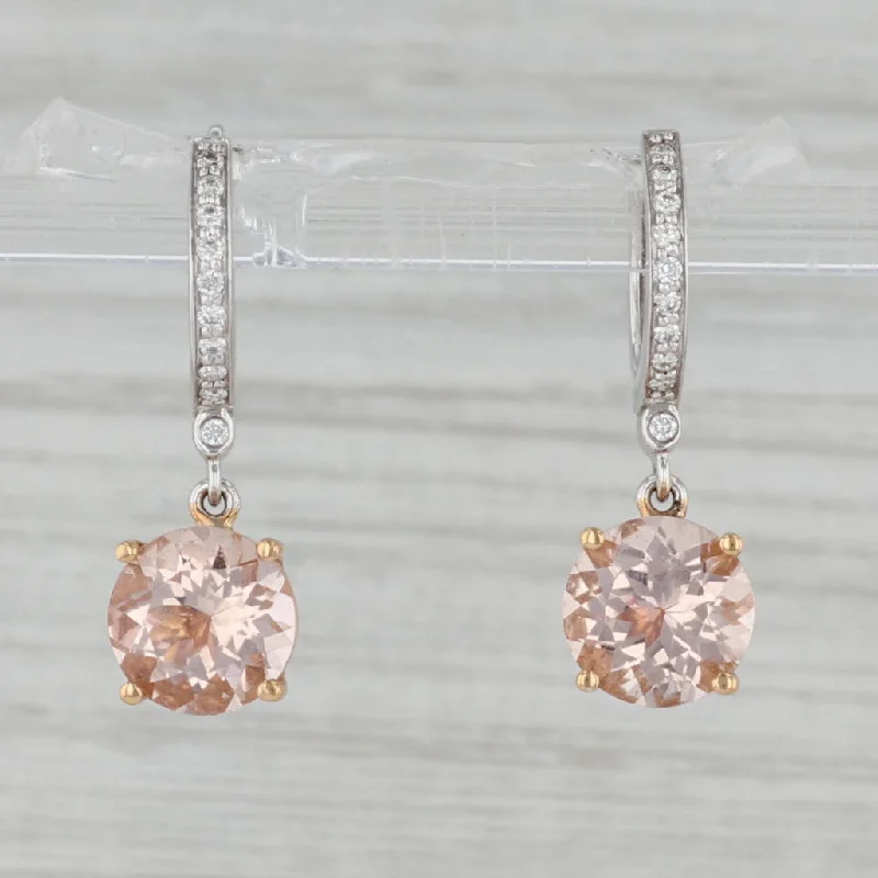 women's earrings with hoop design -New 3.60ctw Morganite Drop Diamond Hoop Earrings 18k White Yellow Gold Snap Top