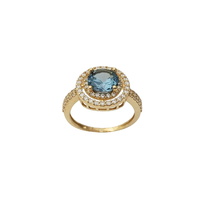 women's rings with bold design -Zirconia Round Halo Sky-Blue Ring (14K)