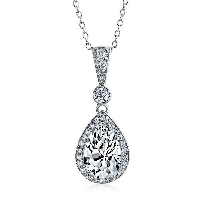 women's necklaces with silver chain -Bridal Necklace CZ Teardrop Solitaire Pendant for Wedding in Sterling Silver