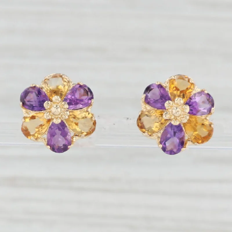 women's earrings with hoop and stud combo -4.20ctw Amethyst Citrine Flower Stud Earrings 14k Yellow Gold