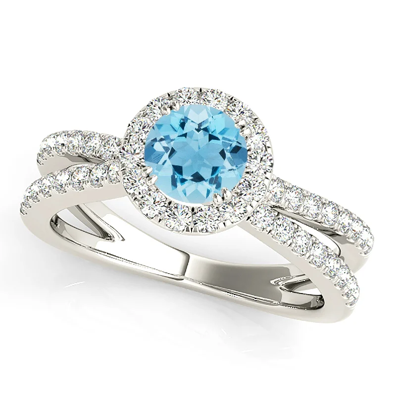 women's engagement rings with floral design -1.10 ct. Genuine Aquamarine Ring With Halo And Criss-Cross Diamond Band