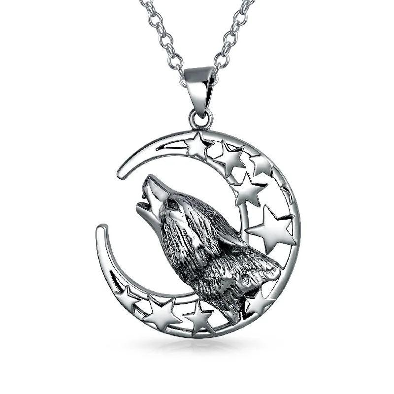 women's necklaces with silver-plated finish -Crescent Moon & Stars Pendant Necklace Werewolf Howling Wolf Oxidized Silver