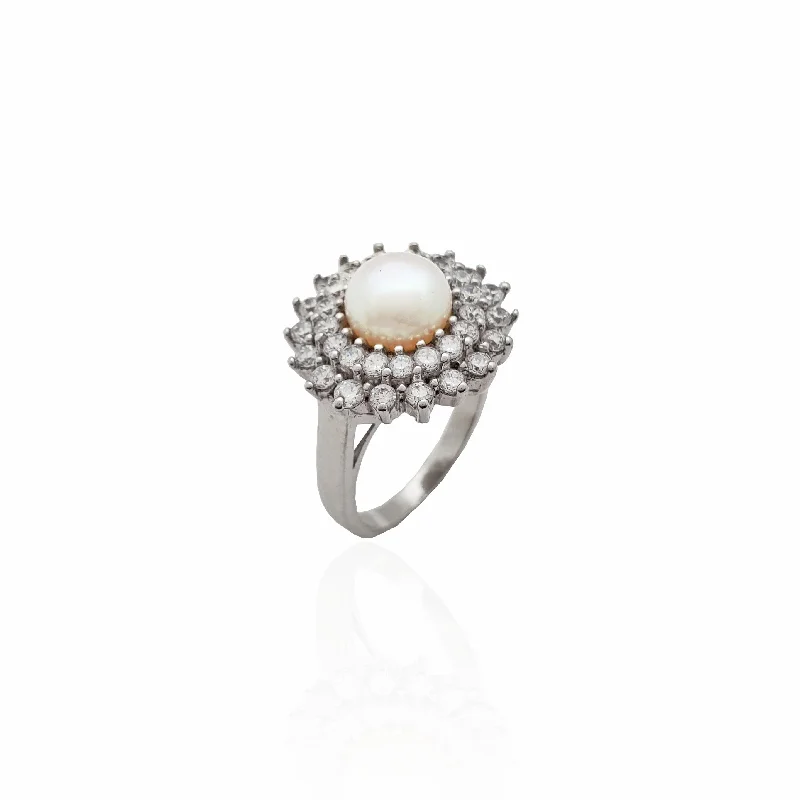 women's rings with cocktail ring design -Pearl Gemflower Halo Ring (Silver)