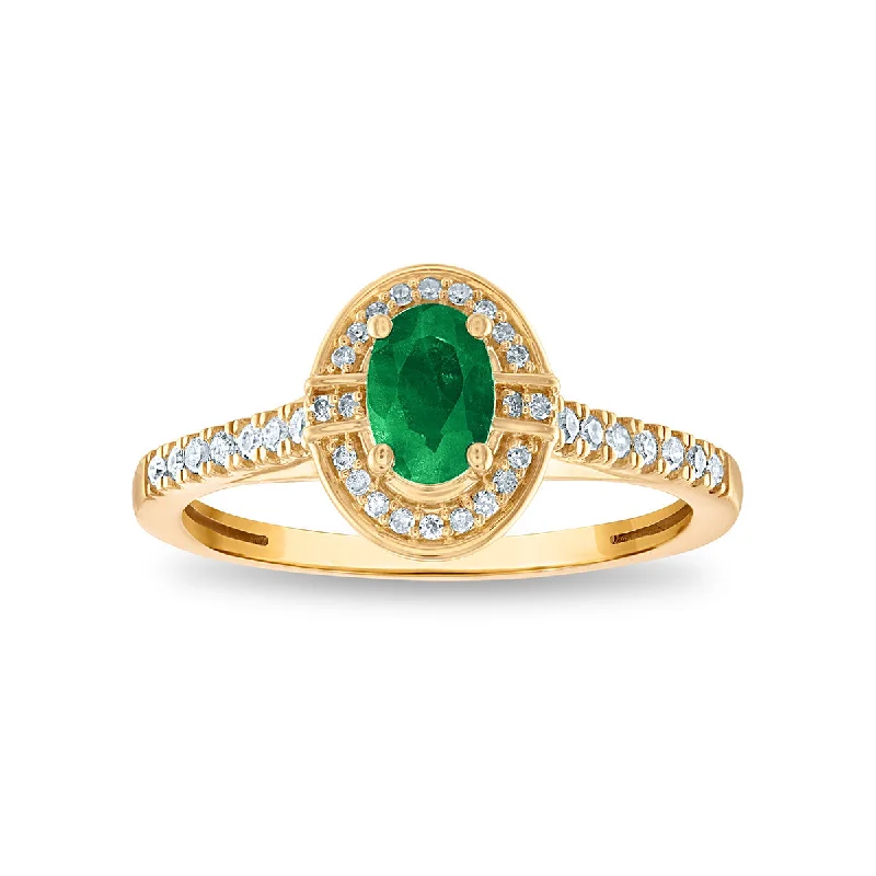 women's engagement rings with geometric design -LoveSong 6X4MM Oval Emerald and Diamond Halo Ring in 10KT Yellow Gold