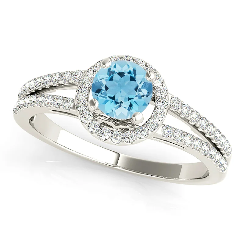 women's engagement rings with vintage-inspired band -1.00 ct. Genuine Aquamarine Ring With Halo and Delicate Split Diamond Shank