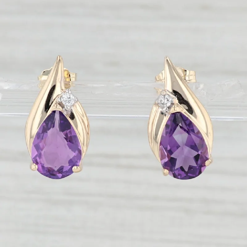 women's earrings with gemstone bezel -3.06ctw Teardrop Amethyst Earrings 14k Yellow Gold Pear Studs