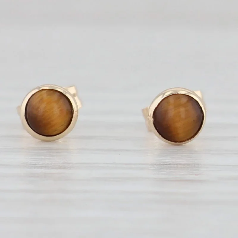 women's earrings with glamorous sparkle -New Brown Tiger's Eye Stud Earrings 14k Yellow Gold Round Cabochons