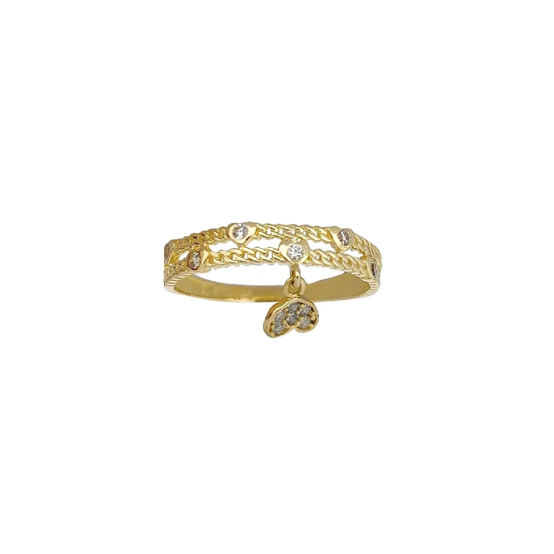 women's rings with classic gold band -Two-Row Cuban Dangling Heart Ring (14K)