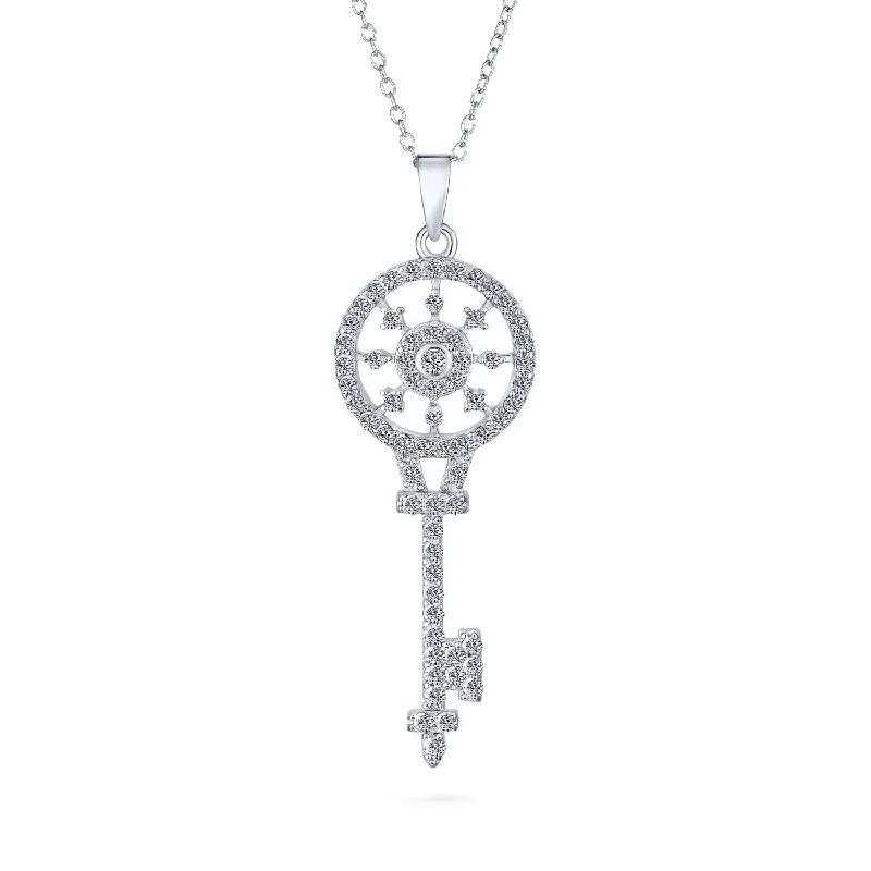 women's necklaces with nature-inspired pendant -Vintage Victorian Sunburst Key Pendant Necklace in Sterling Silver with CZ