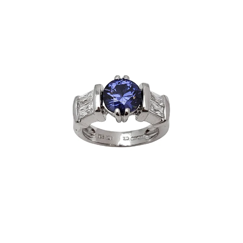 women's rings with pave diamonds -Blue Round & Baguette Bezel Zirconia Lady Ring (Silver)