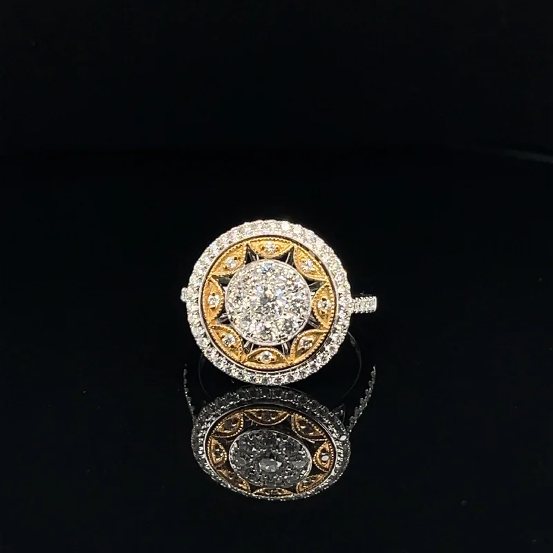 women's engagement rings with vintage floral accents -Diamond Medallion Sun Cluster Ring in 18k Two Tone Gold - (#89-RGDIA650972)