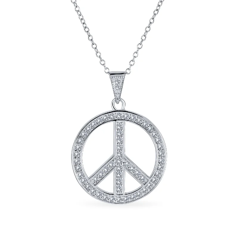 women's necklaces with bold chain -Pave CZ Peace Sign Pendant Necklace in Sterling Silver with Chain