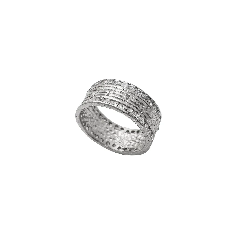 women's rings with geometric design -Zirconia Greek-Key Band Ring (Silver)