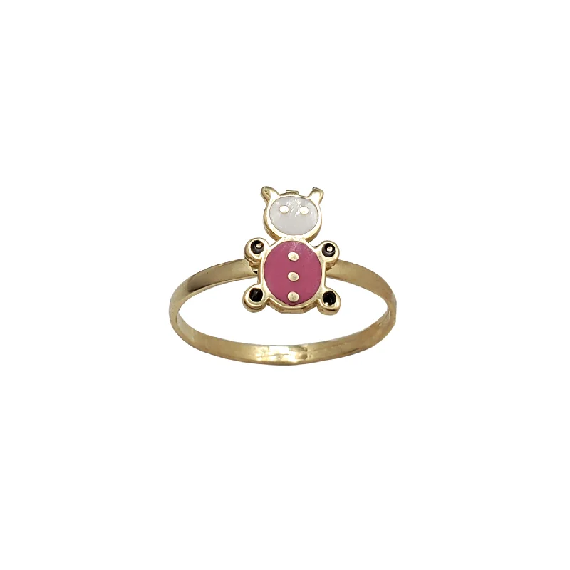 women's rings with curved design -Enameled Pink & White Teddy Bear Ring (14K)