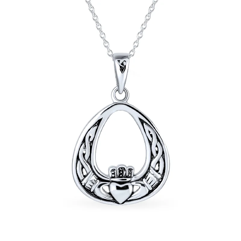 women's necklaces with chunky chain -Romantic Celtic Love Knot Claddagh Pendant Necklace in Oxidized Sterling Silver