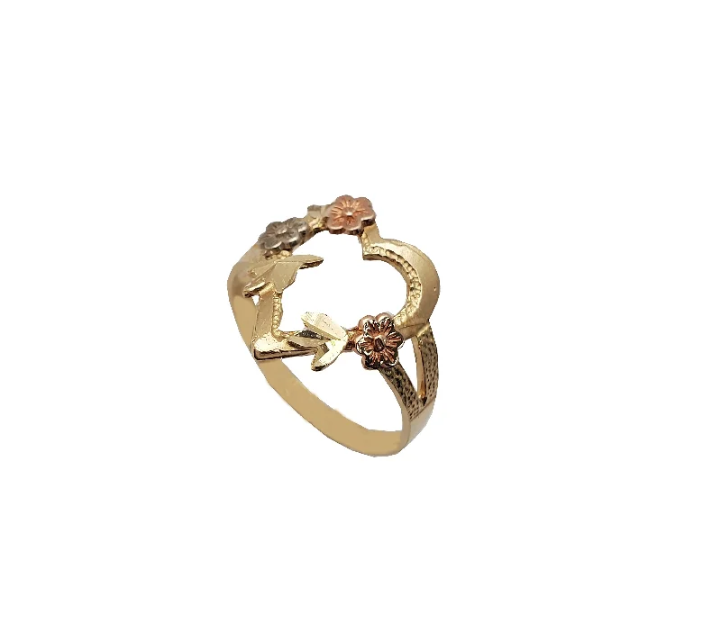 women's rings with engagement style -Tricolor Heart & Flowers Frame Ring (14K)