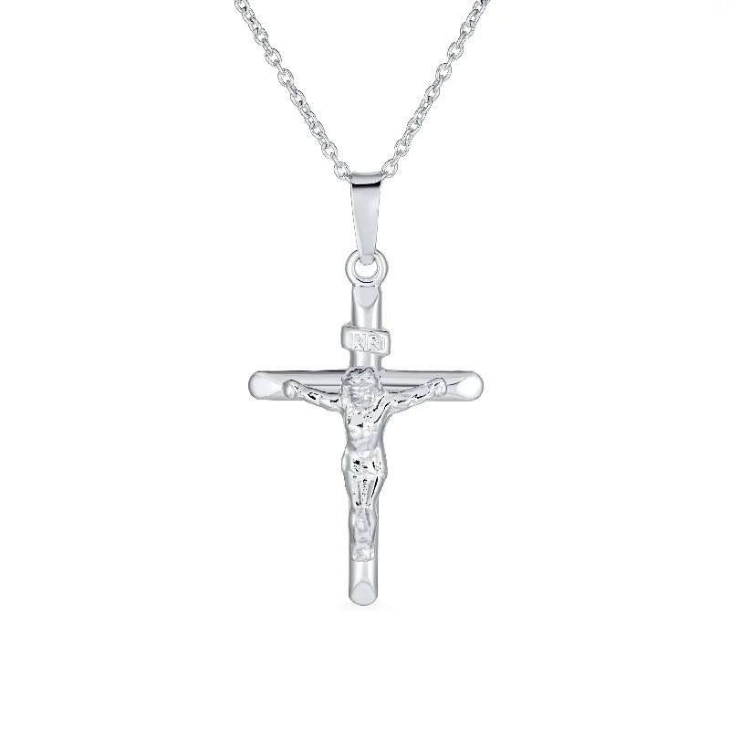 women's necklaces with bold accents -Unisex Sterling Silver INRI Jesus Crucifix Pendant Necklace with 18 Inch Chain