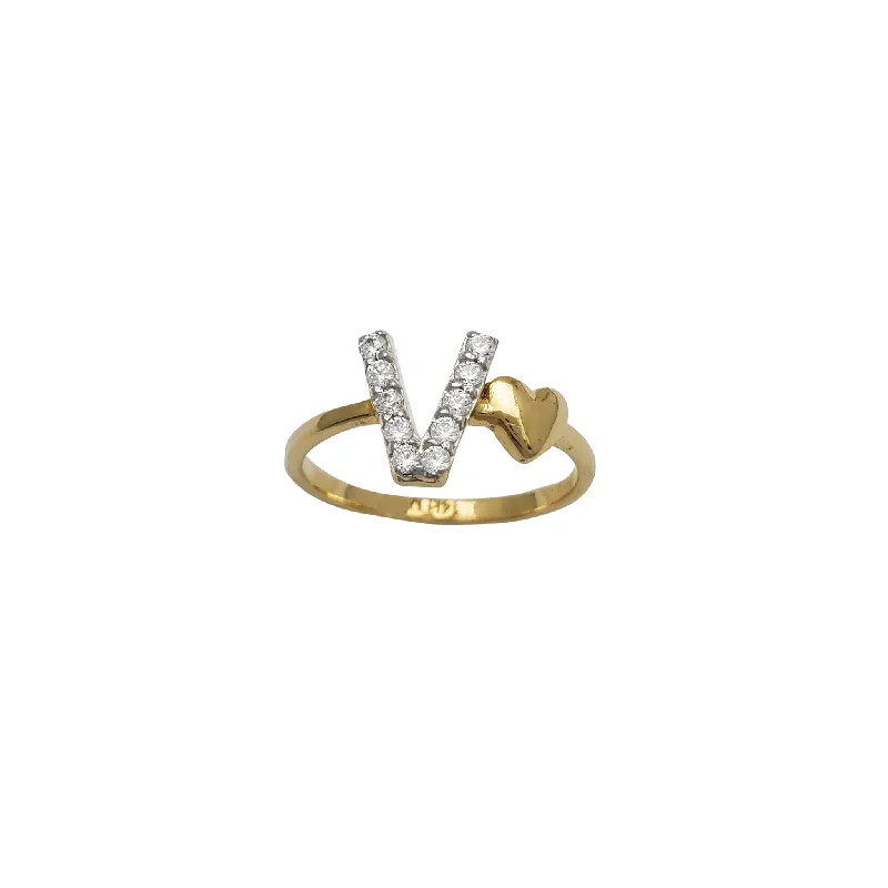 women's rings with modern style -Zirconia Initial Letter "V" & Heart Solitaire Ring (14K)