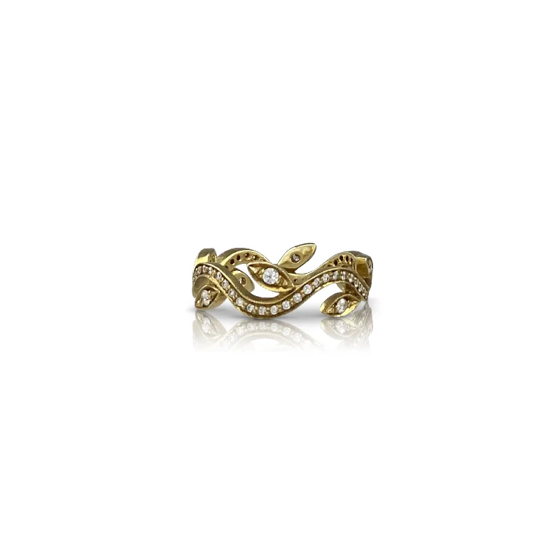 women's engagement rings with side stones -Leaf & Vine Eternity Ring in Yellow Gold with Diamonds