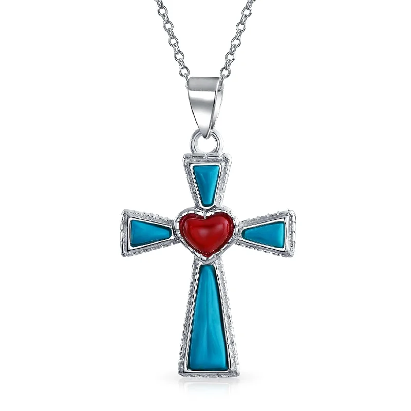 women's necklaces with personalized engraving -Southwestern Red Heart Cross Pendant Necklace Sterling Silver Teen Jewelry