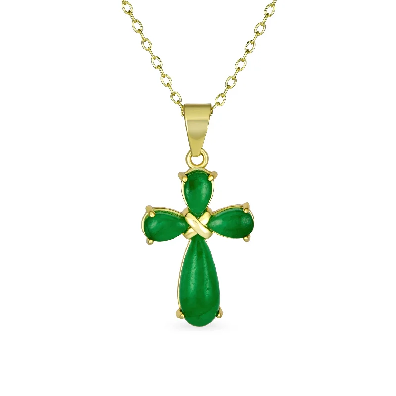 women's necklaces with pearl accents -Small Timeless Fashion Green Jade Cross Pendant Necklace Gold Plated Silver Chain