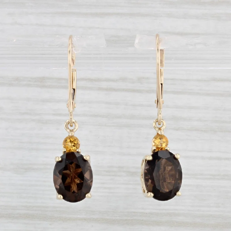 women's earrings with small gemstones -3.70ctw Smoky Quartz Citrine Dangle Earrings 10k Yellow Gold Lever Backs