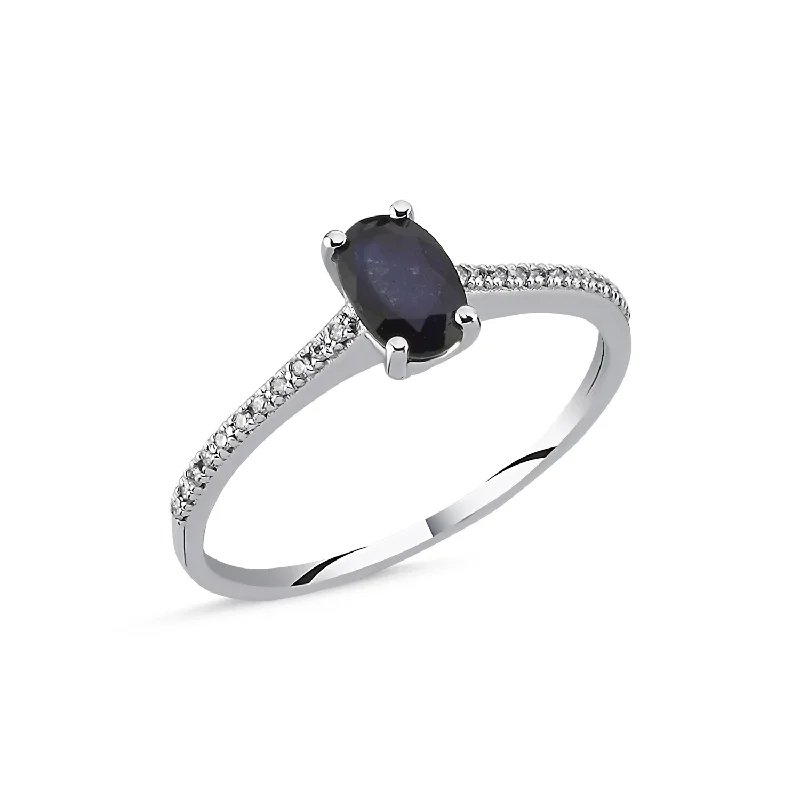 women's engagement rings with milgrain details -Dark Blue Sapphire Gold Ring with Diamonds