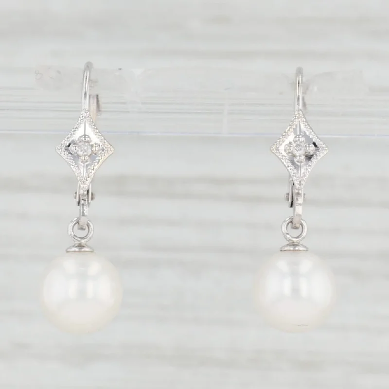 women's earrings with smooth finish -Cultured Pearl Diamond Dangle Earrings 14k White Gold Drops