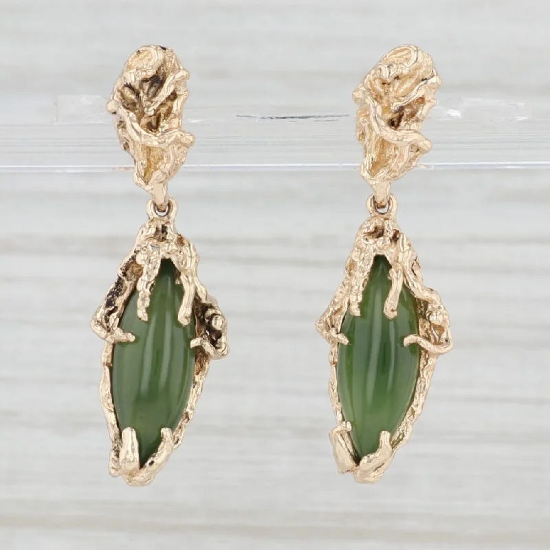 women's earrings with multi-stone accents -Green Nephrite Jade Dangle Earrings 14k Yellow Gold