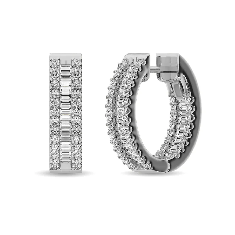 women's earrings with oversized diamonds -Diamond 1 Ct.Tw. Round and Baguette Hoop Earrings in 14K White Gold