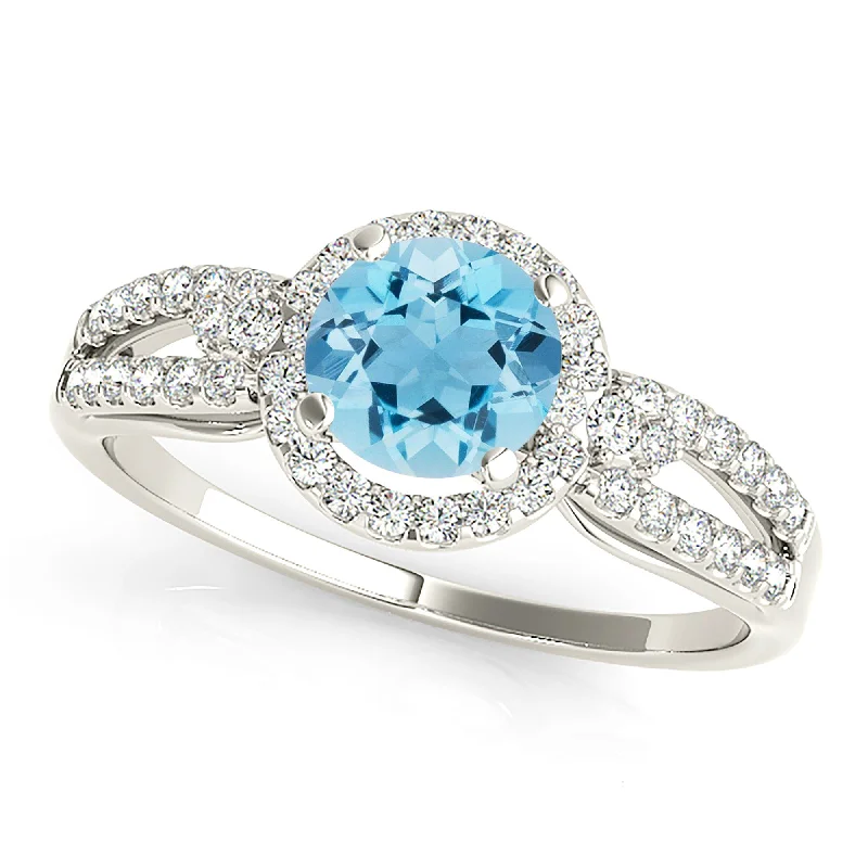 women's engagement rings with twisted band -1.10 ct. Genuine Aquamarine Ring With Halo, Curved Open Diamond Band