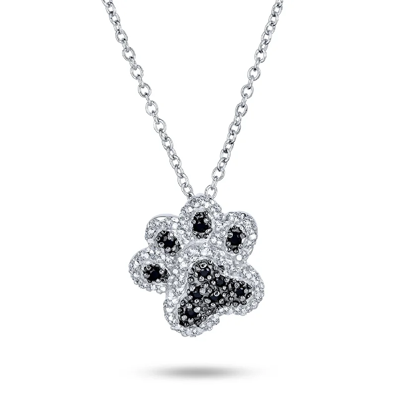 women's necklaces with intricate details -Black White Pave CZ Pet Paw Print Pendant Necklace in Sterling Silver