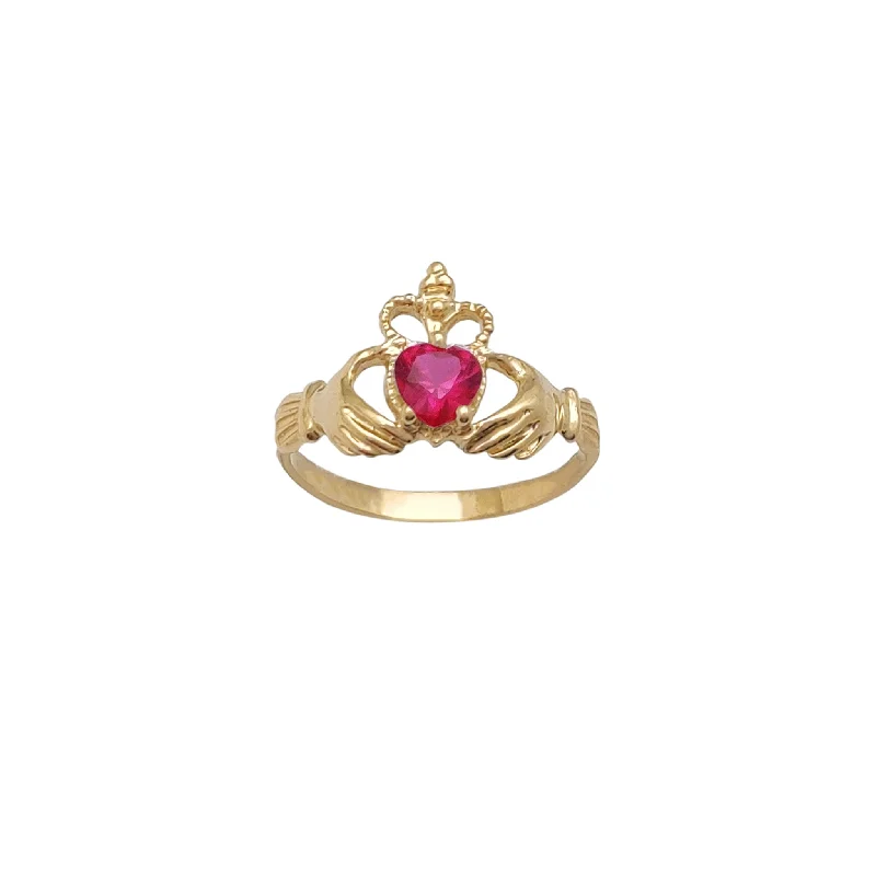 women's rings with square setting -Milgrain Crown Red Stone Claddagh Ring (14K)