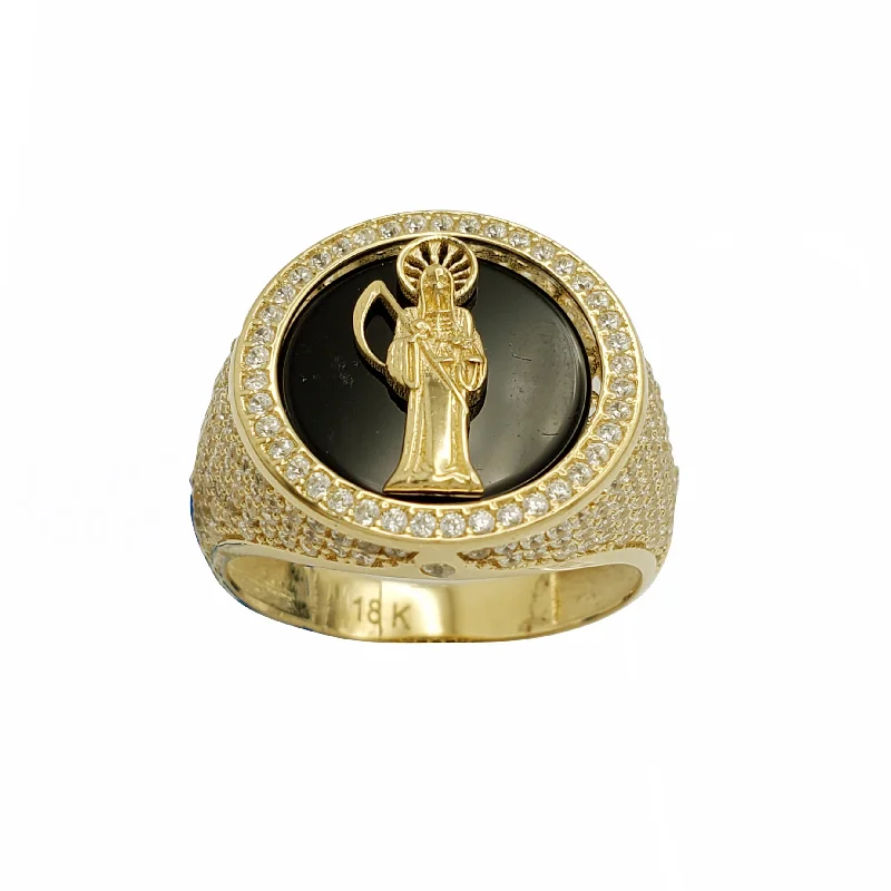 women's rings with gemstone accents -Zirconia & Black Onyx Santa Muerte / Grim Reaper Ring (18K)