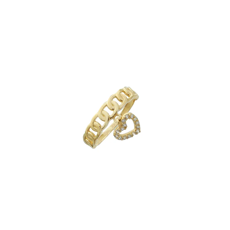 women's rings with multi-stone setting -Thin Cuban Link with Dangling Heart Ring (14K)