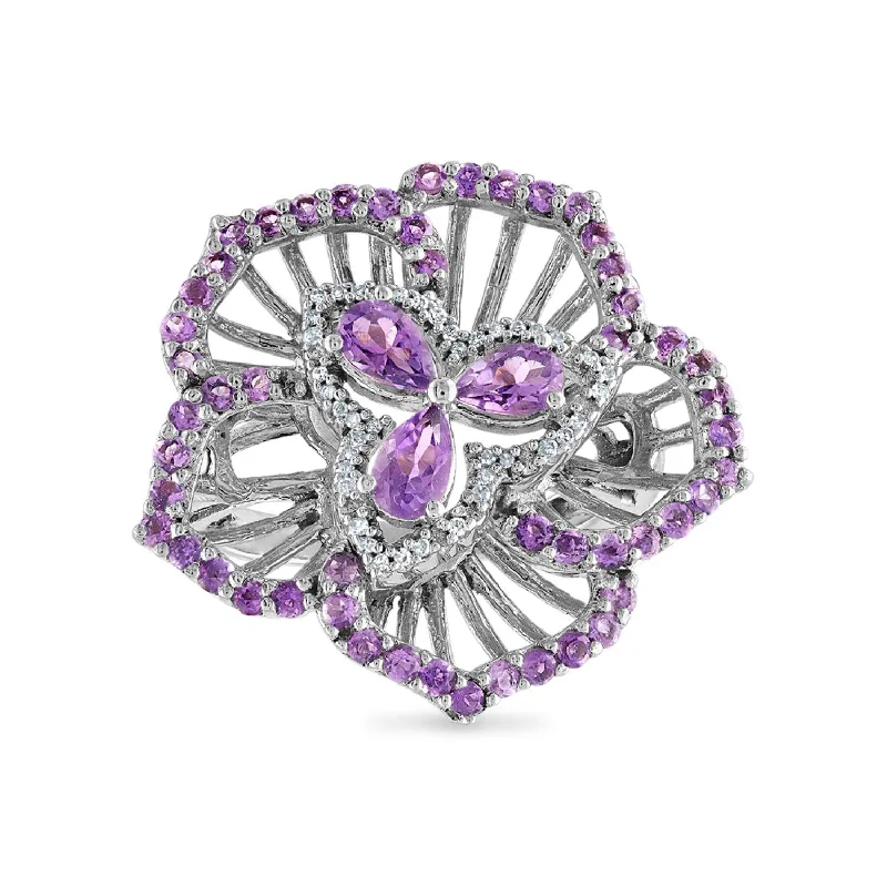 women's engagement rings with timeless design -Pear Amethyst and Diamond Flower Ring in Sterling Silver