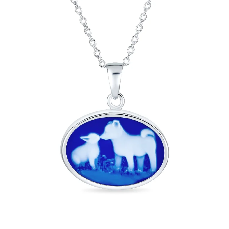 women's necklaces with fancy-cut stones -Vintage Blue Carved BFF Cat & Dog Portrait Cameo Pendant Necklace