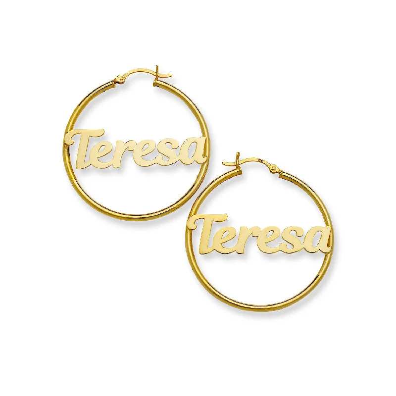 women's earrings with vintage-inspired design -Better Jewelry Magnolia Script Name Hoop Gold 10K Earrings