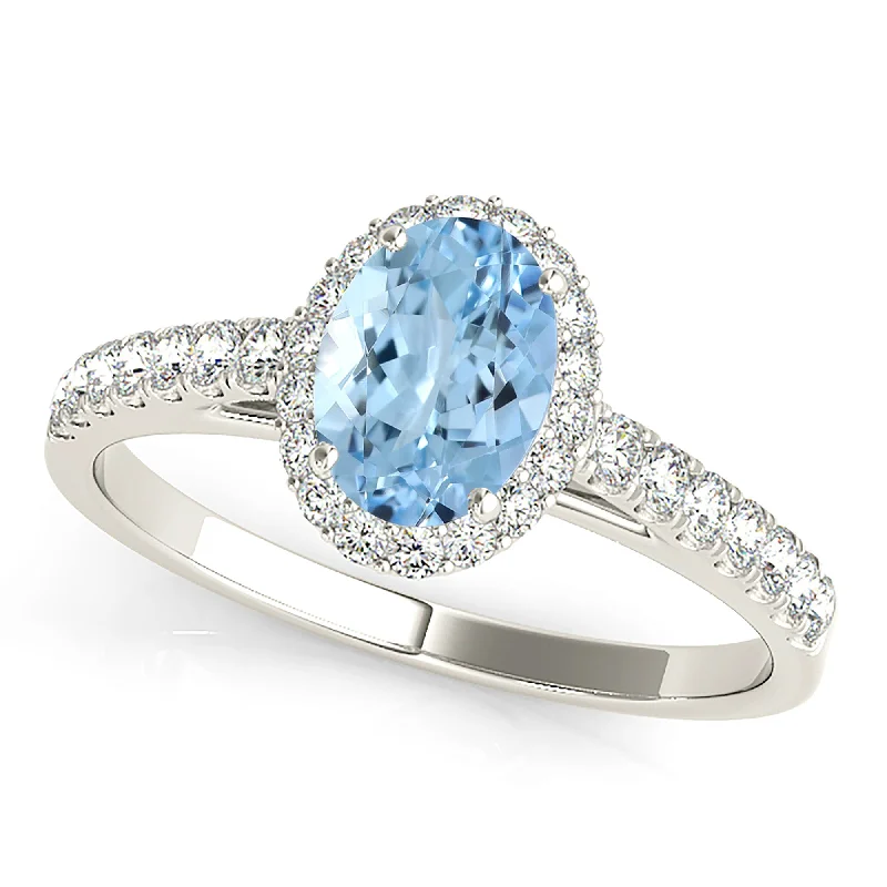 women's engagement rings with custom engraving -1.30 ct. Genuine Oval Aquamarine Ring With Halo and Delicate Dainty Diamond Band