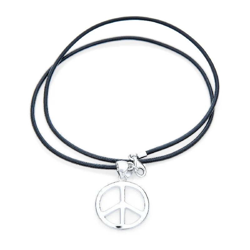 women's necklaces with heart-shaped design -Men's Peace Sign Pendant Necklace Black Leather Cord Sterling Silver 18" Polished